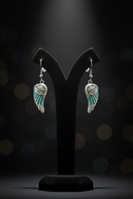 Load image into Gallery viewer, Ladies Silver/Turquoise, Iridescent Bling Mini Angel Wing Dangle Earrings French Wires SE84