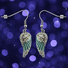 Load image into Gallery viewer, Ladies Silver/Turquoise, Iridescent Bling Mini Angel Wing Dangle Earrings French Wires SE84