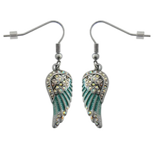 Load image into Gallery viewer, Ladies Silver/Turquoise, Iridescent Bling Mini Angel Wing Dangle Earrings French Wires SE84
