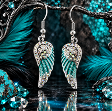 Load image into Gallery viewer, Ladies Silver/Turquoise, Iridescent Bling Mini Angel Wing Dangle Earrings French Wires SE84