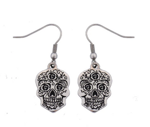 Ladies Women's Flat Sugar Skull Earrings Stainless Steel