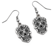 Load image into Gallery viewer, Women's Flat Sugar Skull Dangle Earrings French Wires Stainless Steel SE87