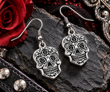 Load image into Gallery viewer, Women's Flat Sugar Skull Dangle Earrings French Wires Stainless Steel SE87
