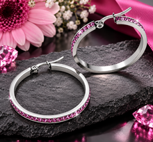 Load image into Gallery viewer, Ladies Pink Crystal Silver Hoop Earrings 2 sizes Stainless Steel SE88