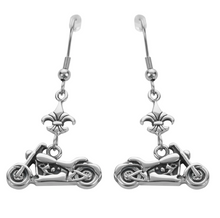 Load image into Gallery viewer, Biker Jewelry Ladies Dangle Motorcycle Fleur De Lis French Wire Earrings Stainless Steel