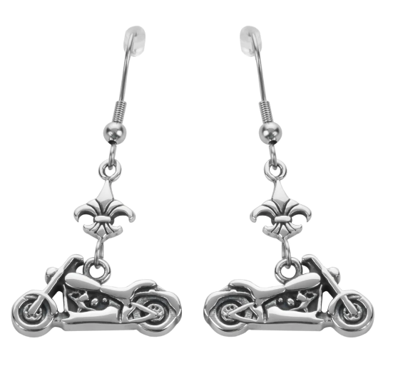 Biker Jewelry Ladies Dangle Motorcycle Fleur De Lis French Wire Earrings Stainless Steel
