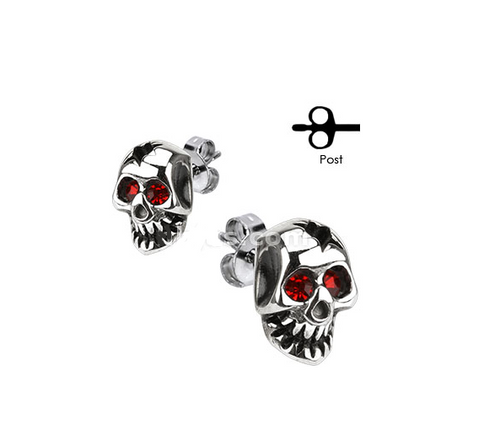 EARRINGS Unisex Stainless Skull W/ Red Eyes Post earrings
