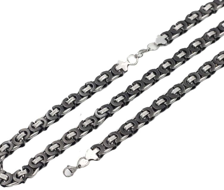 Two-Tone Chrome & Black Flattened Byzantine 24-inch Necklace / Chain