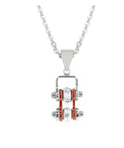 Women's Mini Motorcycle Bike Chain Pendant Chrome & Candy Red Stainless Steel