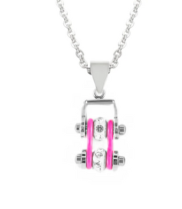 Women's Mini Motorcycle Bike Chain Pendant Chrome & Hot Pink Stainless Steel