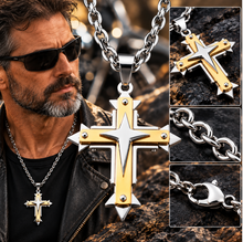 Load image into Gallery viewer, Three Layer Cross Two Tone Pendant on Open Link Chain Religious Cross Unisex Necklace SP104