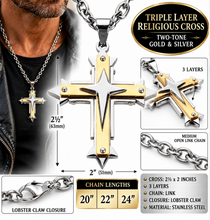 Load image into Gallery viewer, Three Layer Cross Two Tone Pendant on Open Link Chain Religious Cross Unisex Necklace SP104