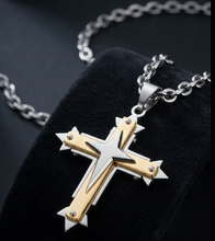 Load image into Gallery viewer, Three Layer Cross Two Tone Pendant on Open Link Chain Religious Cross Unisex Necklace SP104