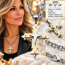 Load image into Gallery viewer, Three Layer Cross Two Tone Pendant on Open Link Chain Religious Cross Unisex Necklace SP104