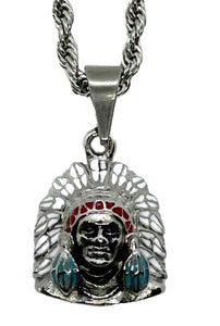 Small Indian Headdress Pendant / Charm Stainless Steel on a Solid Rope Chain SP107