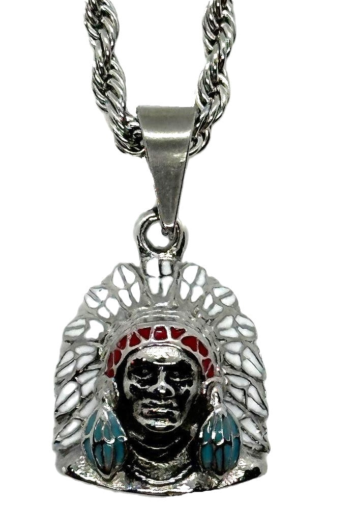 Small Indian Headdress Pendant / Charm Stainless Steel on a Solid Rope Chain SP107