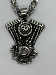 V-Twin Motor Engine Pendant 5mm Byzantine Chain Stainless Steel