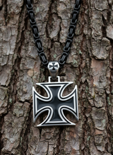 Load image into Gallery viewer, Large Iron Cross Pendant &amp; 7mm Black Byzantine Chain Men's Necklace Stainless Steel SP115-B-BLK