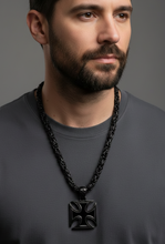 Load image into Gallery viewer, Large Iron Cross Pendant &amp; 7mm Black Byzantine Chain Men's Necklace Stainless Steel SP115-B-BLK