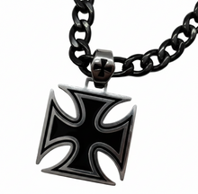 Load image into Gallery viewer, Big Iron Cross / Maltese Cross Pendant with Black Figaro Chain Necklace SP115