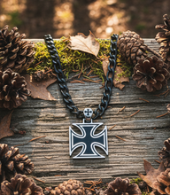 Load image into Gallery viewer, Big Iron Cross / Maltese Cross Pendant with Black Figaro Chain Necklace SP115