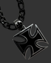 Load image into Gallery viewer, Big Iron Cross / Maltese Cross Pendant with Black Figaro Chain Necklace SP115