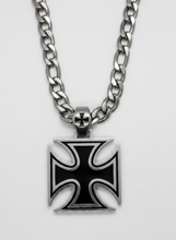 Load image into Gallery viewer, Large Iron Cross Pendant SILVER or BLACK Figaro Necklace Stainless Steel SP115