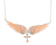 Load image into Gallery viewer, Large Ladies Orange Bling Angel Wing Crystal Necklace with Religious Cross