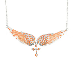 Large Ladies Orange Bling Angel Wing Crystal Necklace with Religious Cross