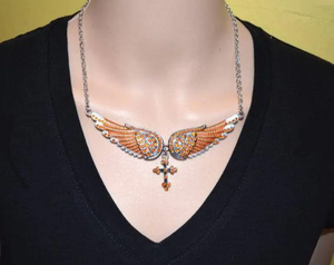 Large Ladies Orange Bling Angel Wing Crystal Necklace with Religious Cross