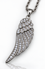 Load image into Gallery viewer, Large Angel Wing &amp; Bling Pendant on Rope Chain Lady Biker Necklace Stainless Steel SP21