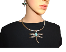 Load image into Gallery viewer, Heavy Metal Jewelry Ladies Dragonfly Pendant Omega Necklace Matching Earrings Set Stainless Steel SP24
