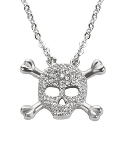 Biker Jewelry Ladies Small Skull Cross Bone Crystal Bling Pendant Necklace Stainless Steel