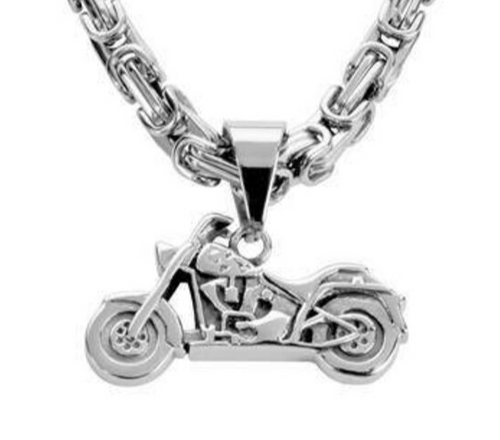 Motorcycle Pendant Stainless Steel Byzantine Chain Many Lengths Unisex
