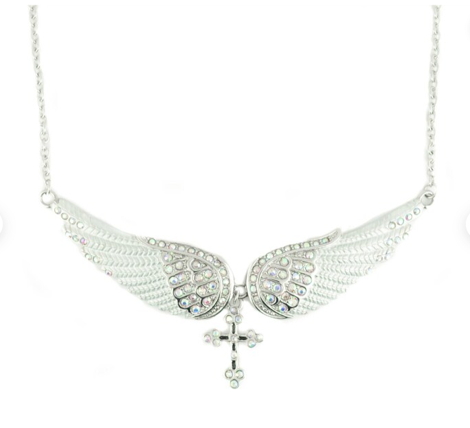 Ladies White Bling Angel Wing Cross Pendant Necklace Stainless Steel