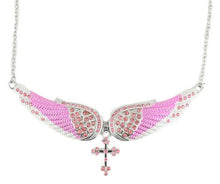 Load image into Gallery viewer, Biker Jewelry Ladies Large Pink Bling Angel Wing Cross Pendant Necklace Stainless Steel