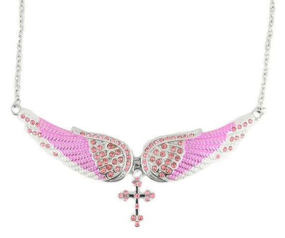 Biker Jewelry Ladies Large Pink Bling Angel Wing Cross Pendant Necklace Stainless Steel SP29