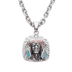 Biker Jewelry Indian Headdress Pendant Necklace Stainless Steel