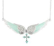Load image into Gallery viewer, Biker Jewelry Ladies Turquoise Bling Angel Wing Cross Pendant Necklace Stainless Steel