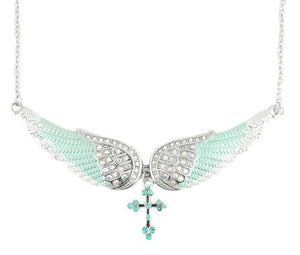 Biker Jewelry Ladies Turquoise Bling Angel Wing Cross Pendant Necklace Stainless Steel