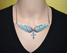 Load image into Gallery viewer, Biker Jewelry Ladies Turquoise Bling Angel Wing Cross Pendant Necklace Stainless Steel