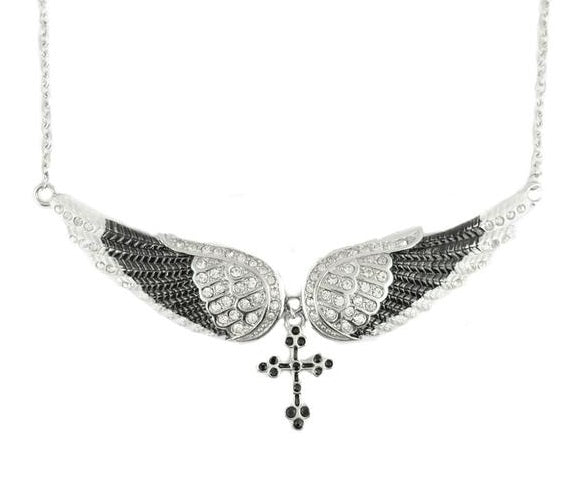 Biker Jewelry Ladies Large Black Bling Angel Wing Cross Pendant Necklace Stainless Steel