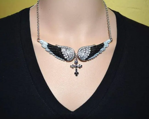 Biker Jewelry Ladies Large Black Bling Angel Wing Cross Pendant Necklace Stainless Steel