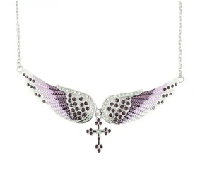 Biker Jewelry Bling Large Ladies Purple Angel Wing Cross Pendant Necklace Stainless Steel