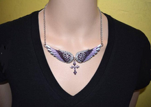 Load image into Gallery viewer, Biker Jewelry Bling Large Ladies Purple Angel Wing Cross Pendant Necklace Stainless Steel
