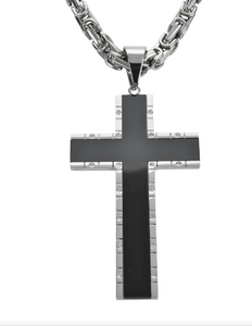 Black Inlay Cross Pendant Necklace Stainless Steel Religious Jewelry