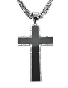 Black Inlay Large Cross Pendant Necklace Stainless Steel Religious Jewelry