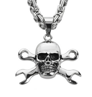 Large Skull & CrossWrenches Pendant & Chain Necklace Stainless Steel SP48
