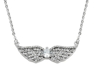 Ladies Double Angel Wing Crystal Pear Shaped Center Pendant Necklace Stainless Steel SP58