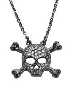 Biker Jewelry Ladies Black Skull Cross Bone Crystal Bling Pendant Necklace Stainless Steel